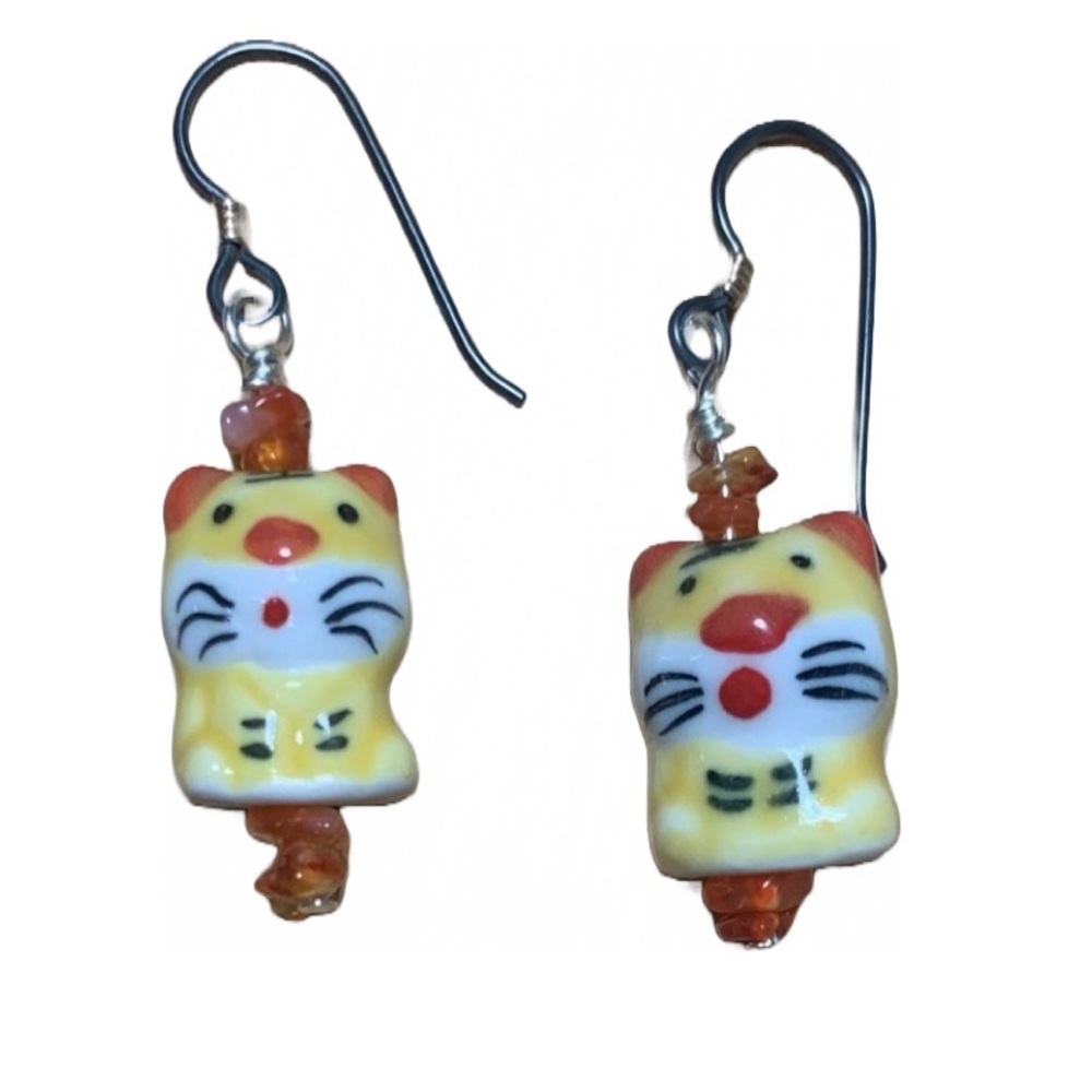 Porcelain adorable Kitty's/Carnelian/hand painted earrings SS Ear wire